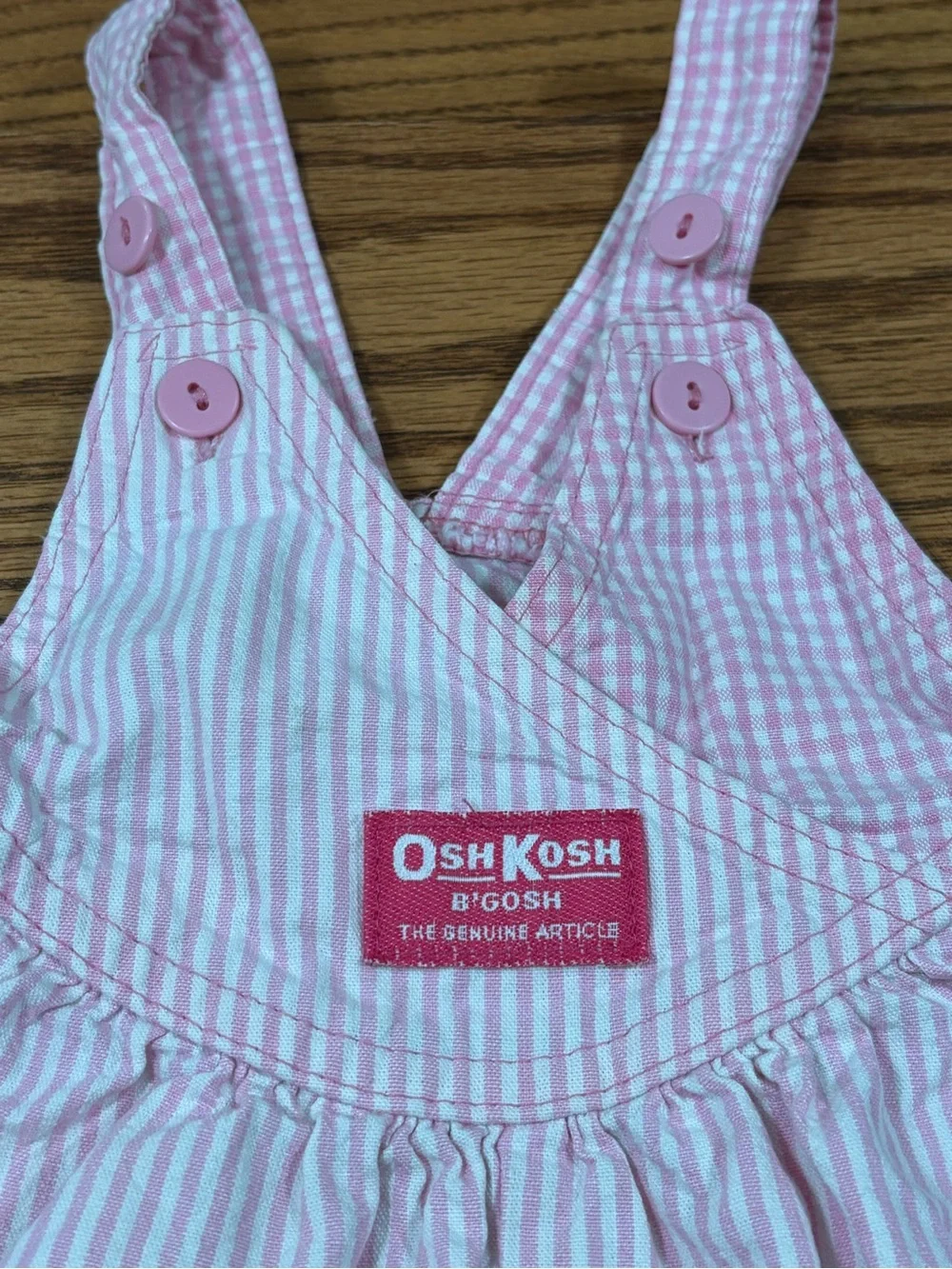 Vintage OshKosh B'gosh Baby Denim Bubble Romper Overalls Pink White 6-9 month